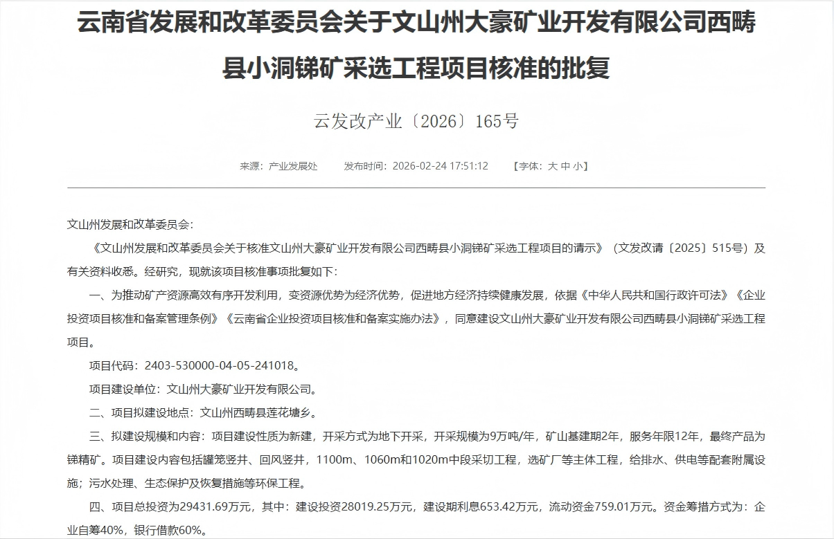Great News! BGT's Subsidiary, Dahao Mining, Receives Approval from the Yunnan Provincial Development and Reform Commission for the Xiaodong Antimony Mine Mining and Beneficiation Project!